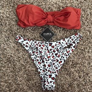 Zaful Red Bandeau Bikini with Leopard Print Bottoms